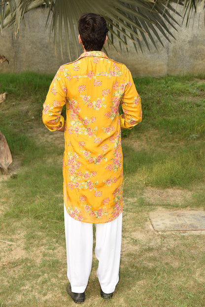 MUSTARD YELLOW FLORAL PRINTED PATHANI KURTA SET