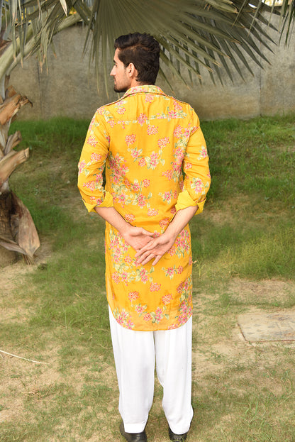 MUSTARD YELLOW FLORAL PRINTED PATHANI KURTA SET WITH DUPATTA