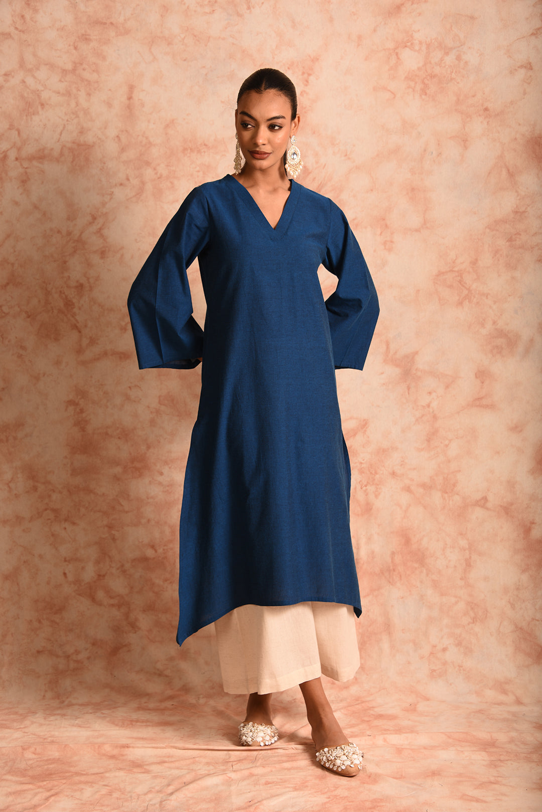 Laalzari blue V-neck linen co-ord set with contrasting palazzo for women — full-length view