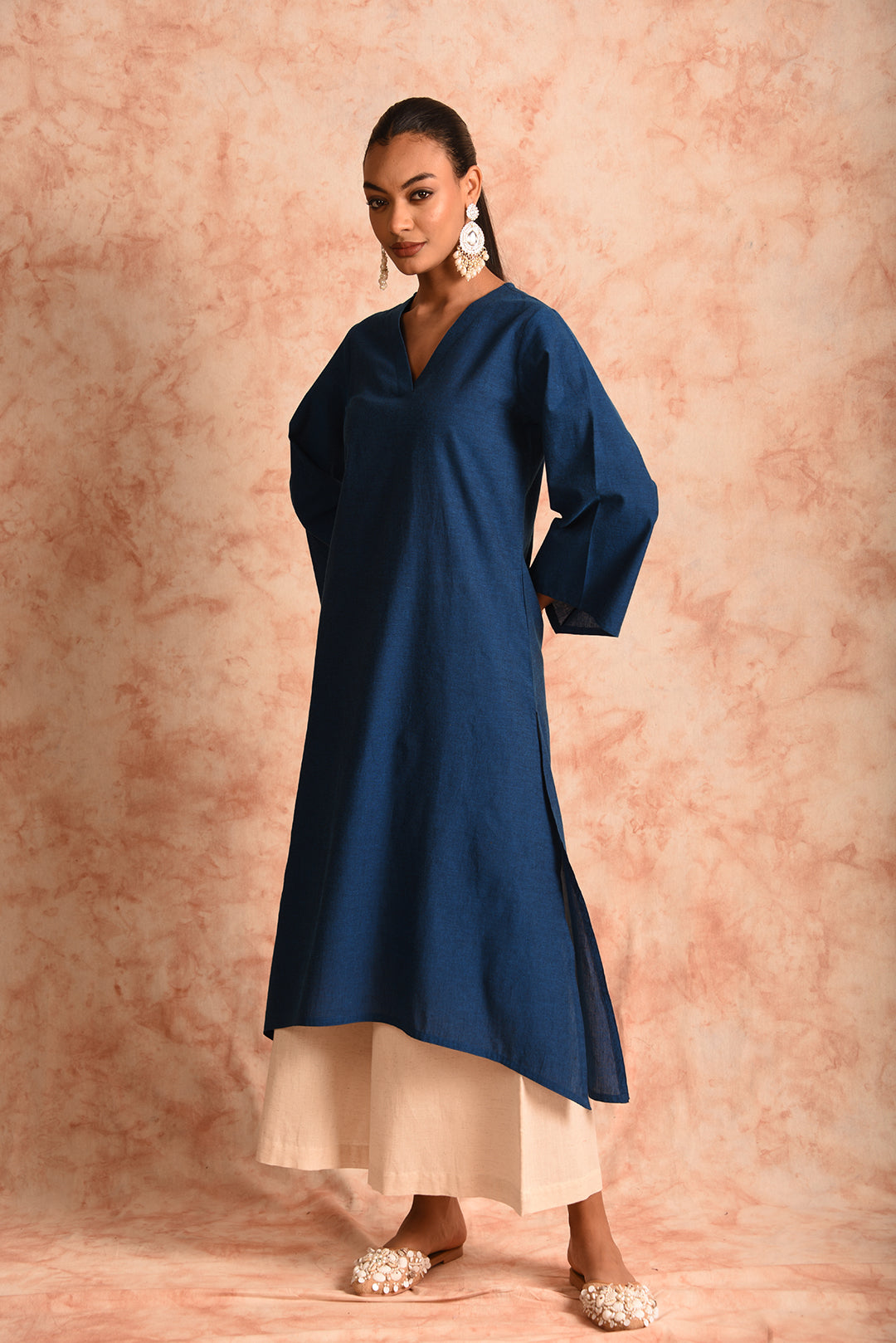 Laalzari blue V-neck linen co-ord set with contrasting palazzo for women — back view