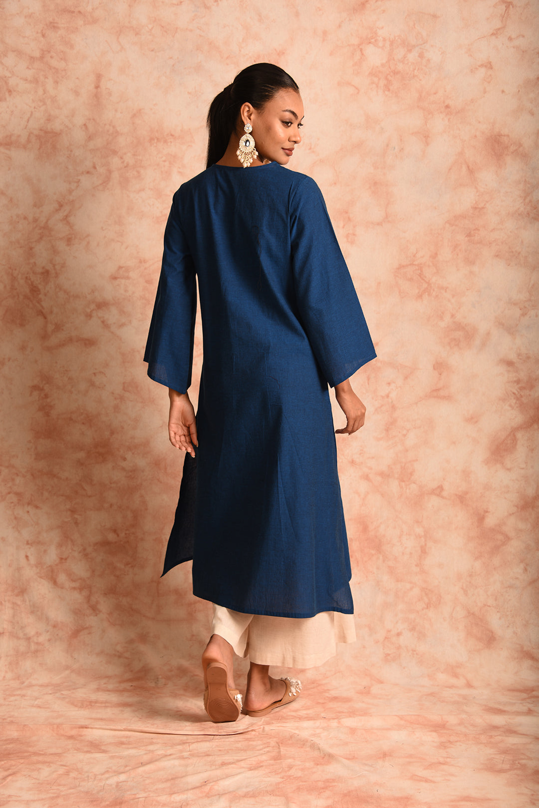Laalzari blue V-neck linen co-ord set with contrasting palazzo for women — outfit detail