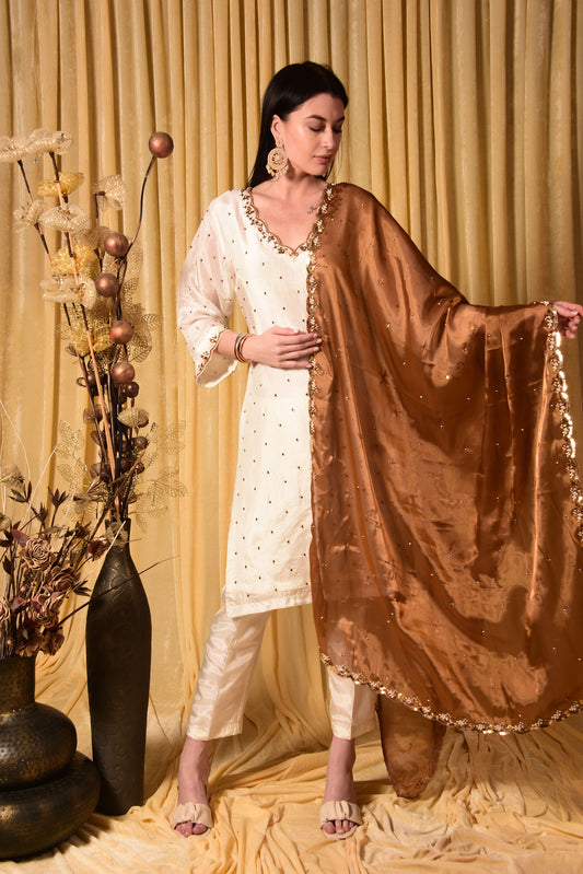 WHITE HAND EMBROIDED SUIT WITH DUPATTA