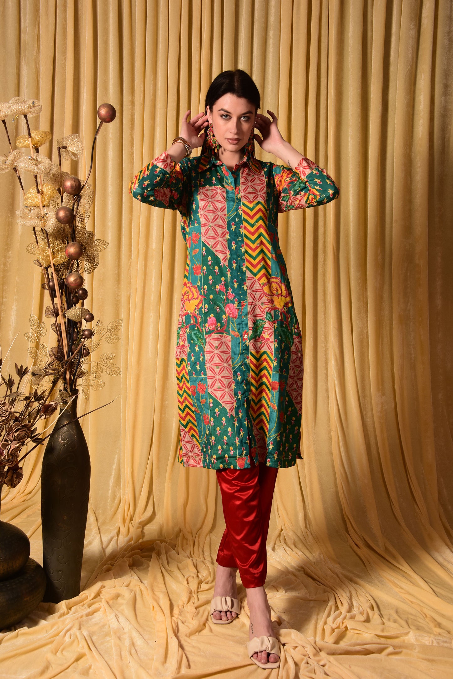 Green Printed Co-ord Set paired with bold Red Pants CO_AK