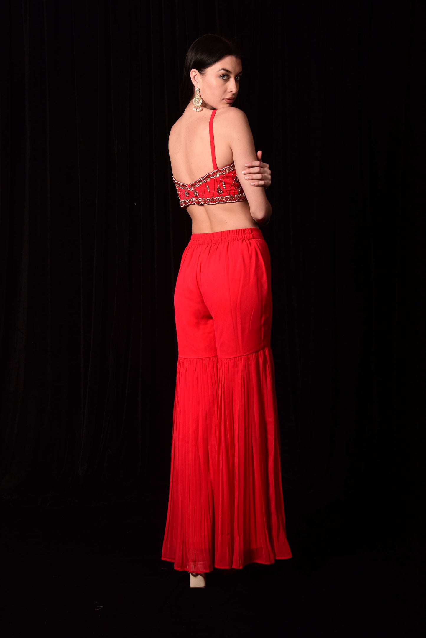 RED CAPE AND SHARARA WITH EMBROIDERED CROP TOP