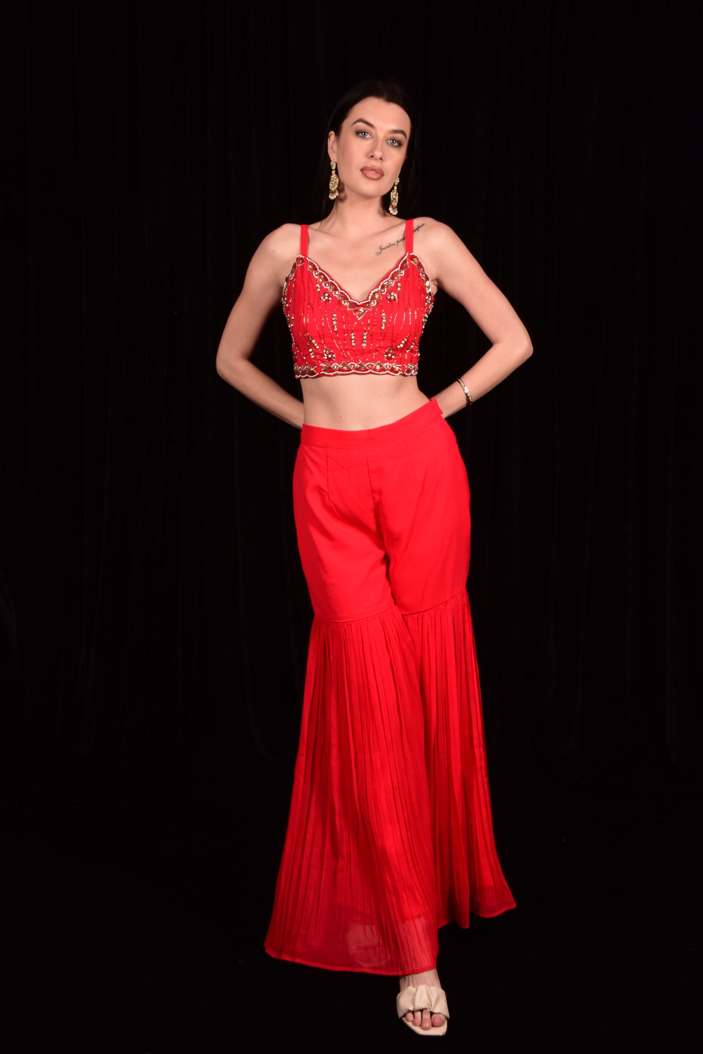 RED CAPE AND SHARARA WITH EMBROIDERED CROP TOP