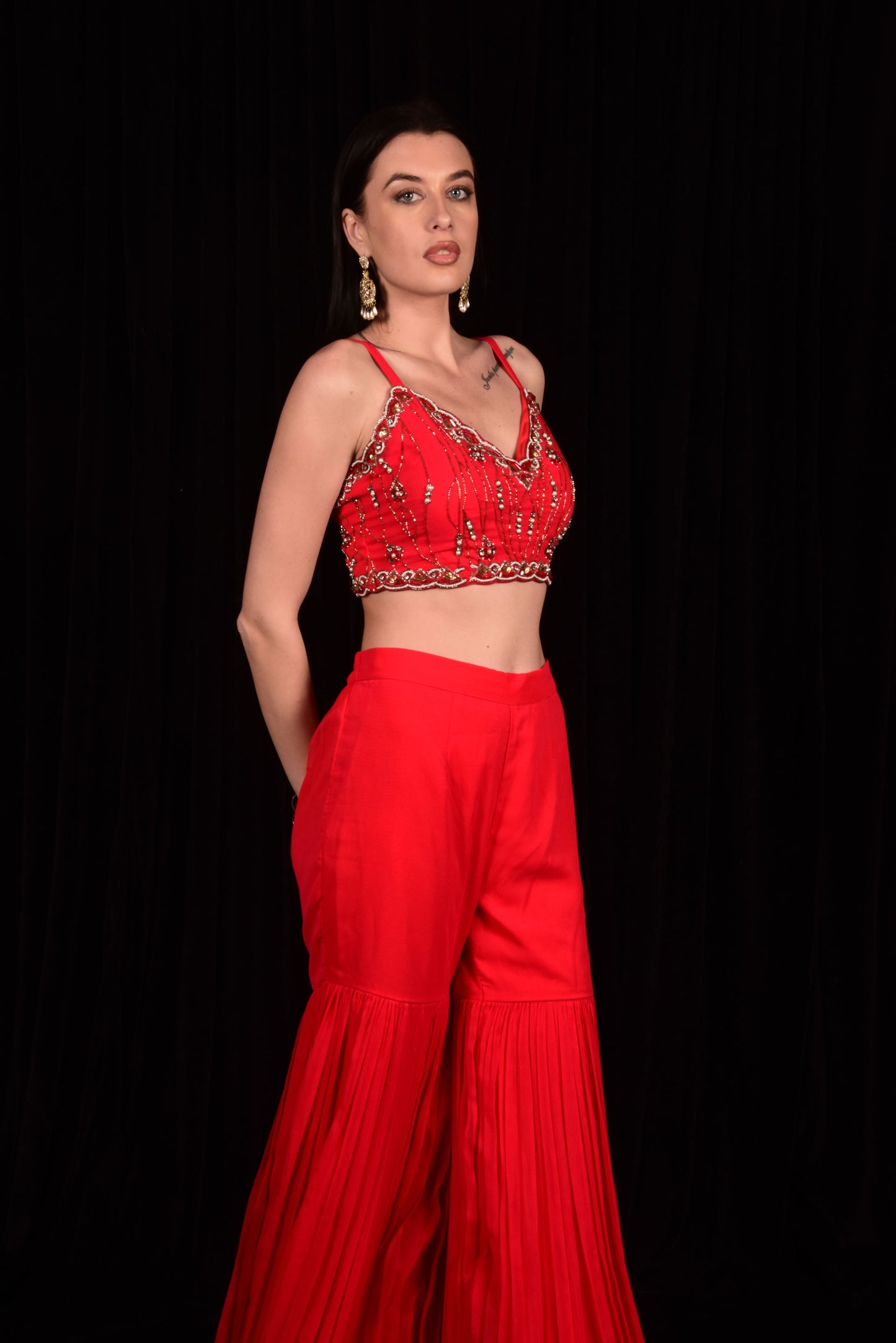 RED CAPE AND SHARARA WITH EMBROIDERED CROP TOP