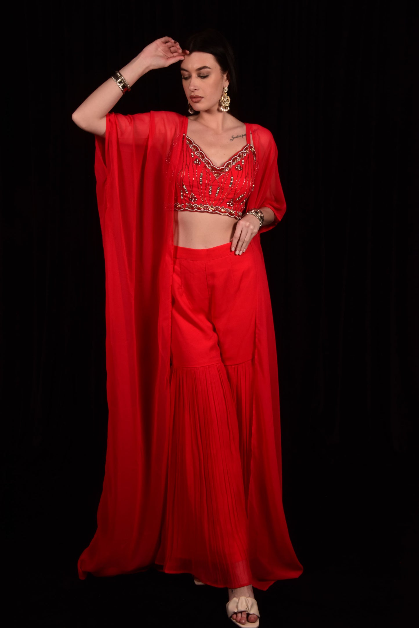 RED CAPE AND SHARARA WITH EMBROIDERED CROP TOP