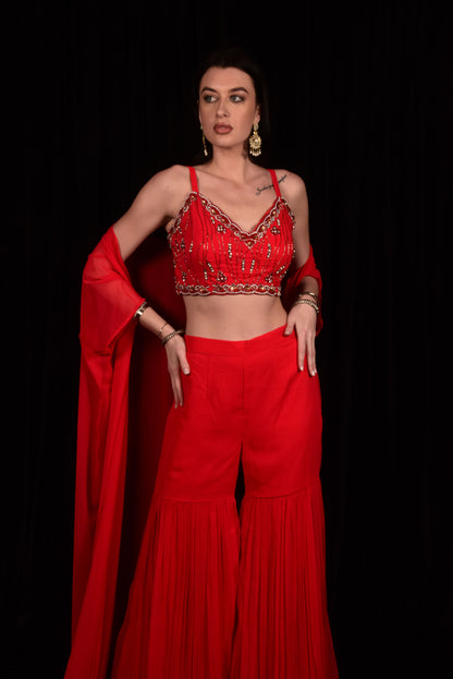 RED CAPE AND SHARARA WITH EMBROIDERED CROP TOP