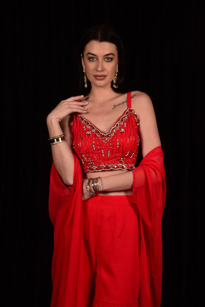 RED CAPE AND SHARARA WITH EMBROIDERED CROP TOP