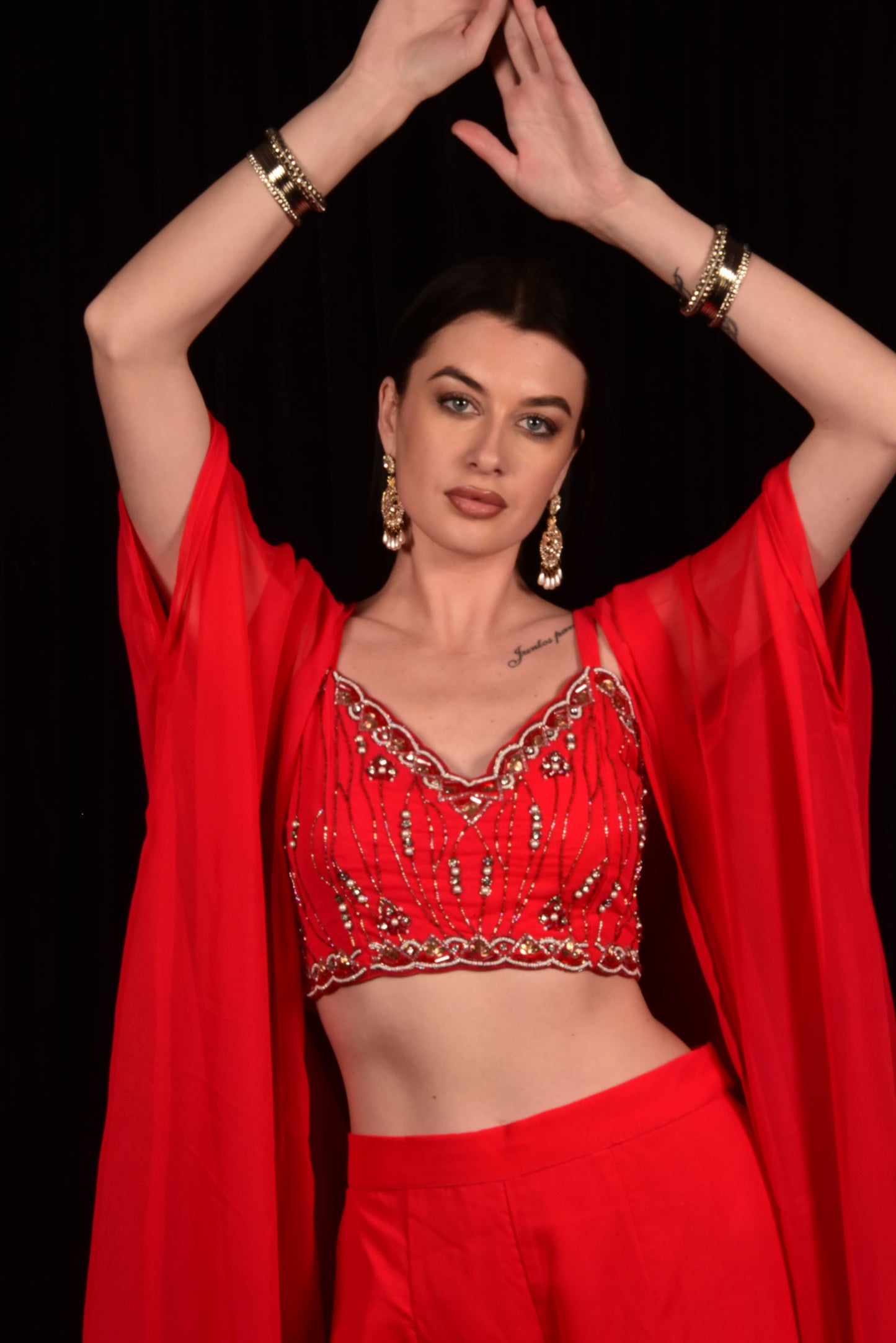 RED CAPE AND SHARARA WITH EMBROIDERED CROP TOP