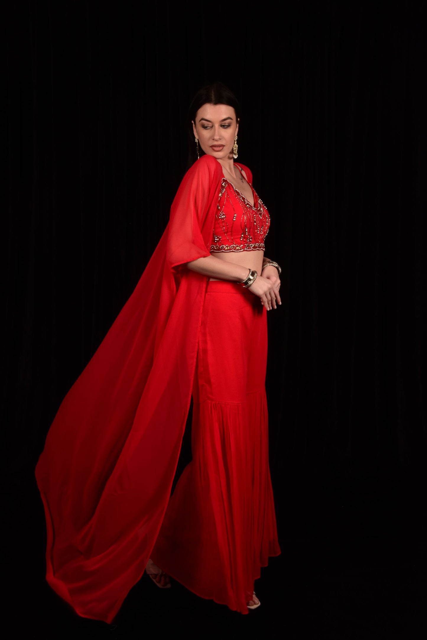 RED CAPE AND SHARARA WITH EMBROIDERED CROP TOP