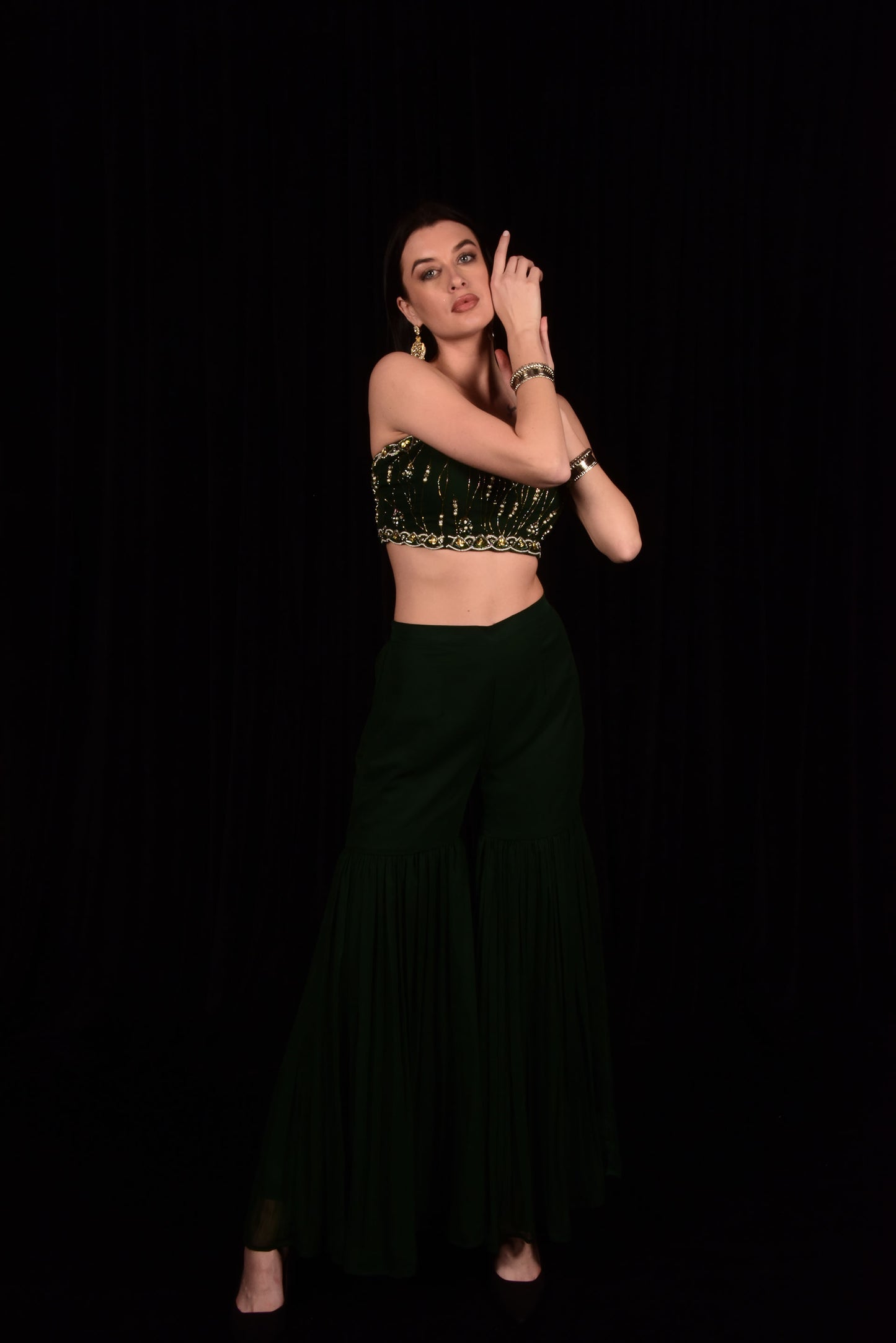 GORGEOUS DARK GREEN EMBROIDERED CROP TOP WITH SHARARA AND SHRUG