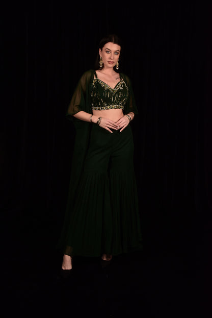 GORGEOUS DARK GREEN EMBROIDERED CROP TOP WITH SHARARA AND SHRUG