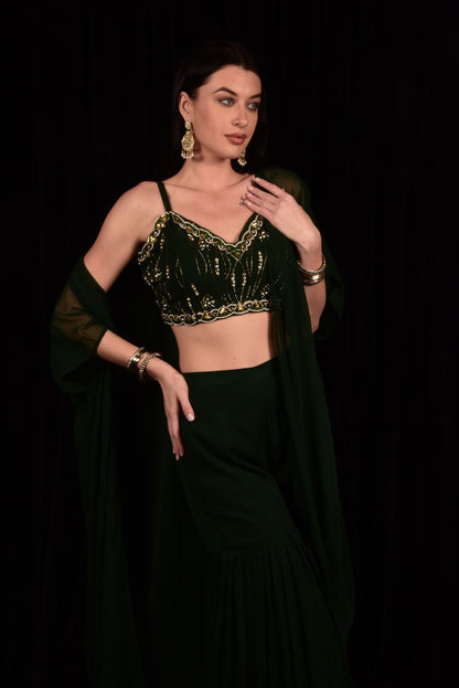 GORGEOUS DARK GREEN EMBROIDERED CROP TOP WITH SHARARA AND SHRUG