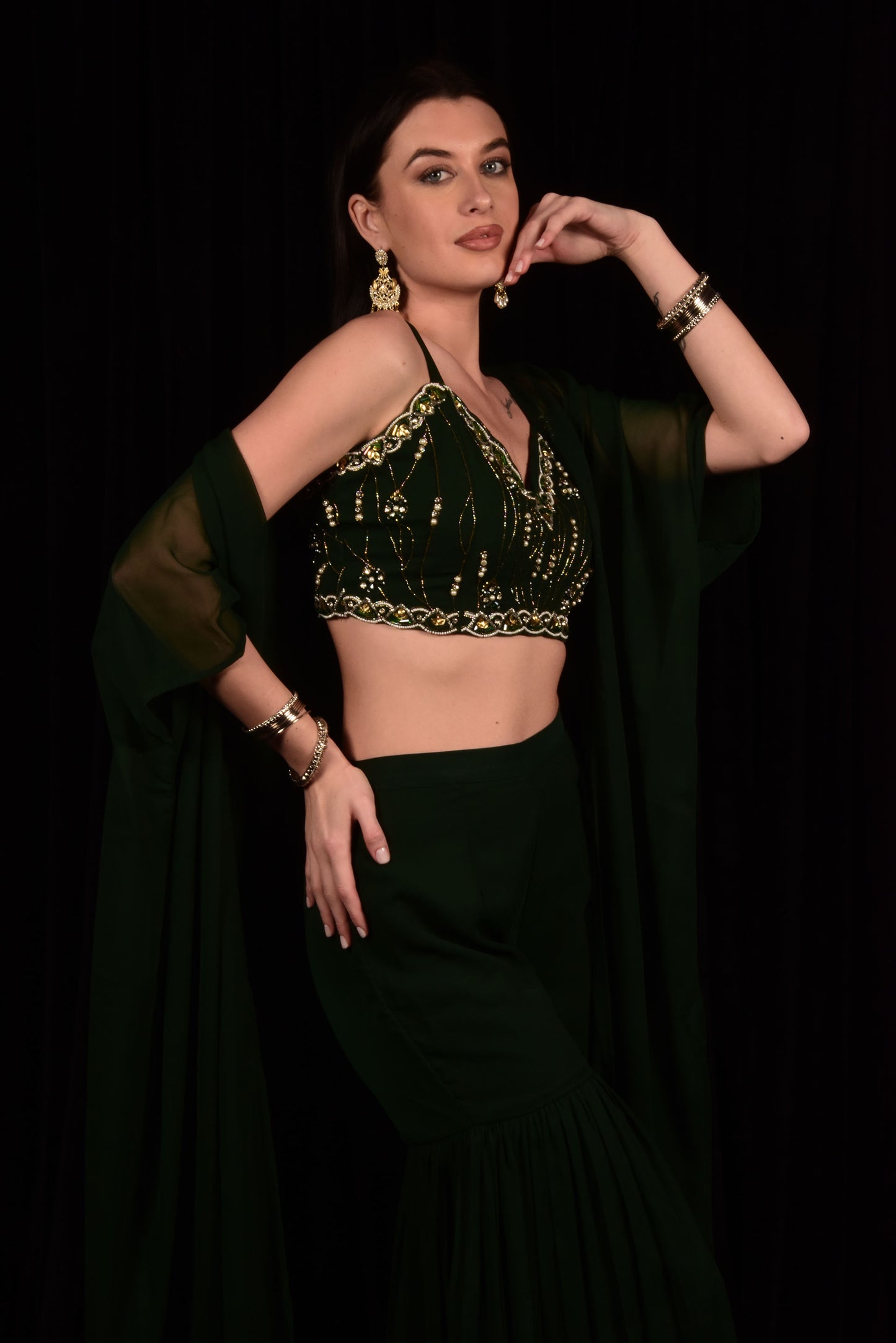 GORGEOUS DARK GREEN EMBROIDERED CROP TOP WITH SHARARA AND SHRUG