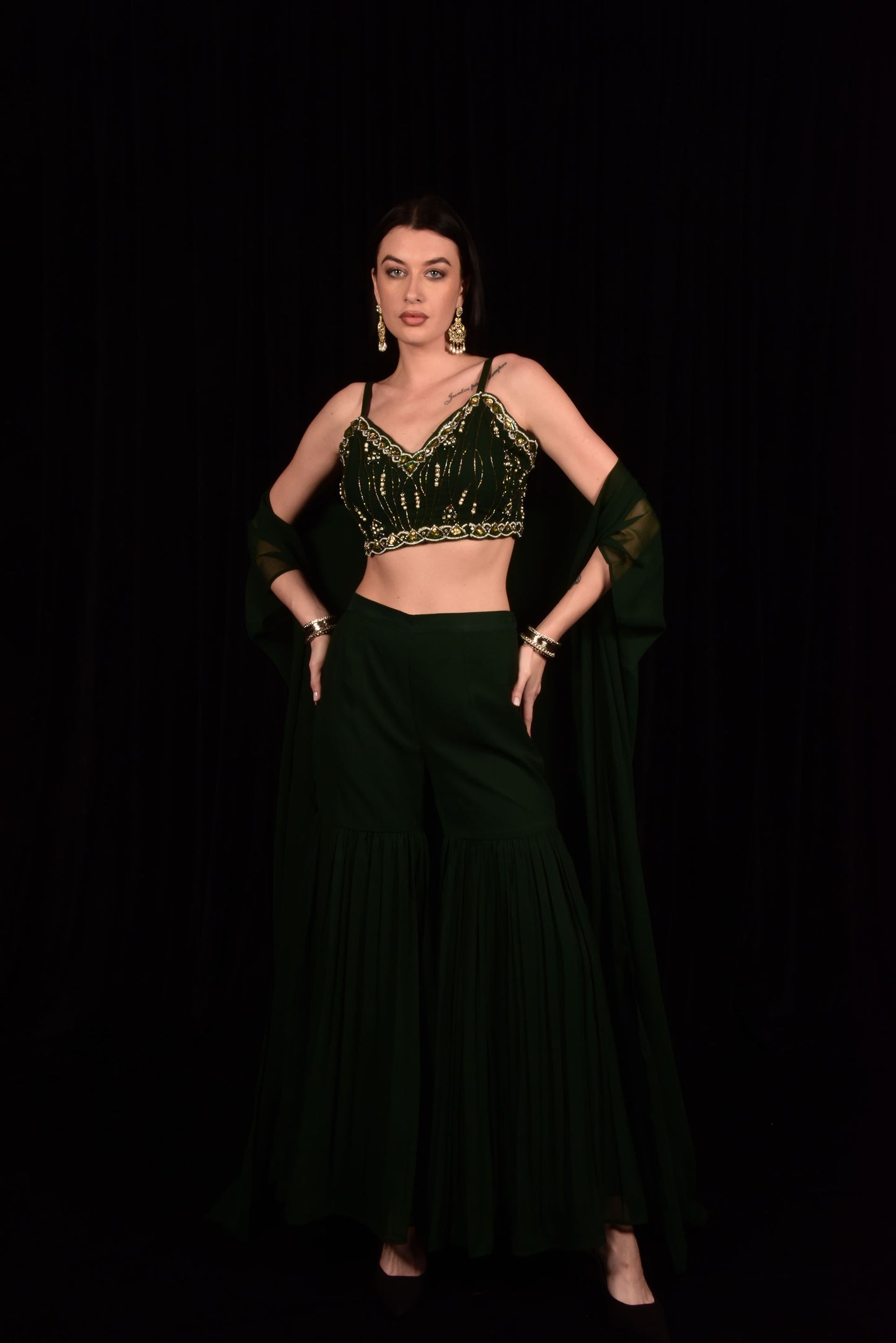 GORGEOUS DARK GREEN EMBROIDERED CROP TOP WITH SHARARA AND SHRUG