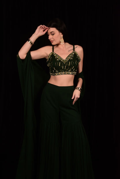 GORGEOUS DARK GREEN EMBROIDERED CROP TOP WITH SHARARA AND SHRUG