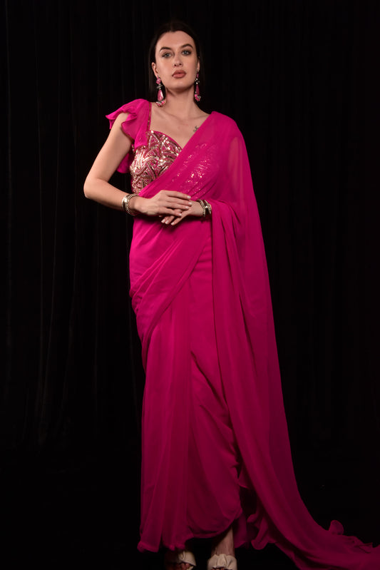 PINK PRE DRAPE SAREE WITH HAND EMBROIDED CROPTOP IW_CP