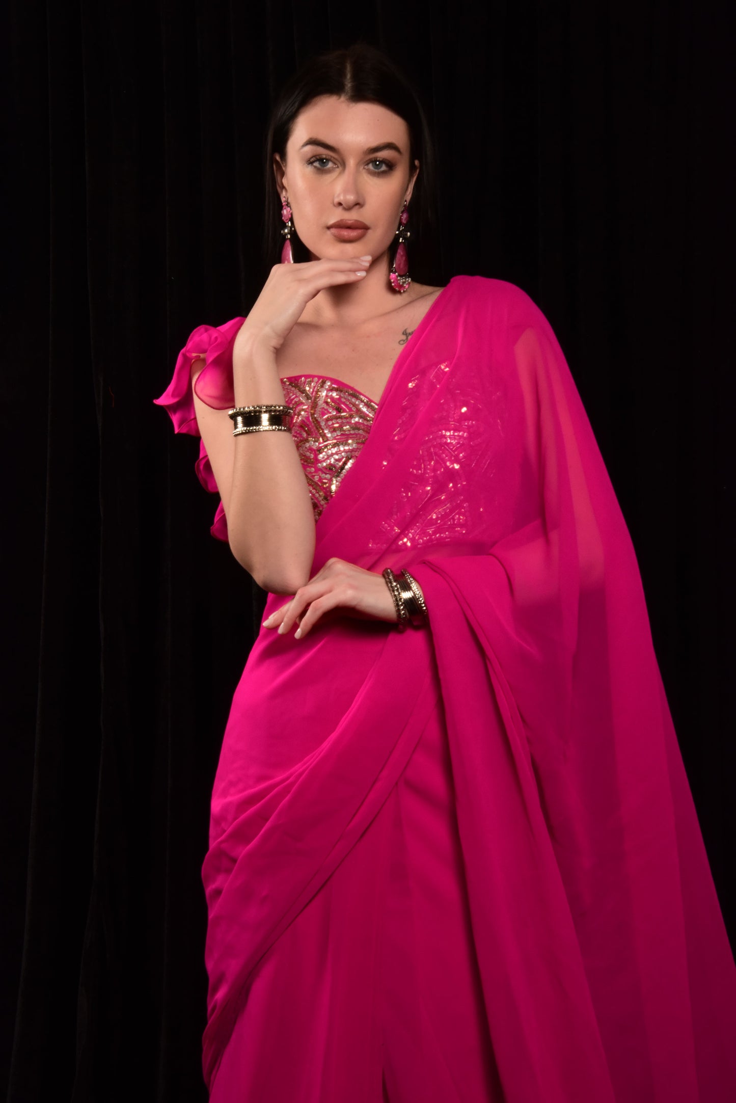 PINK PRE DRAPE SAREE WITH HAND EMBROIDED CROP TOP