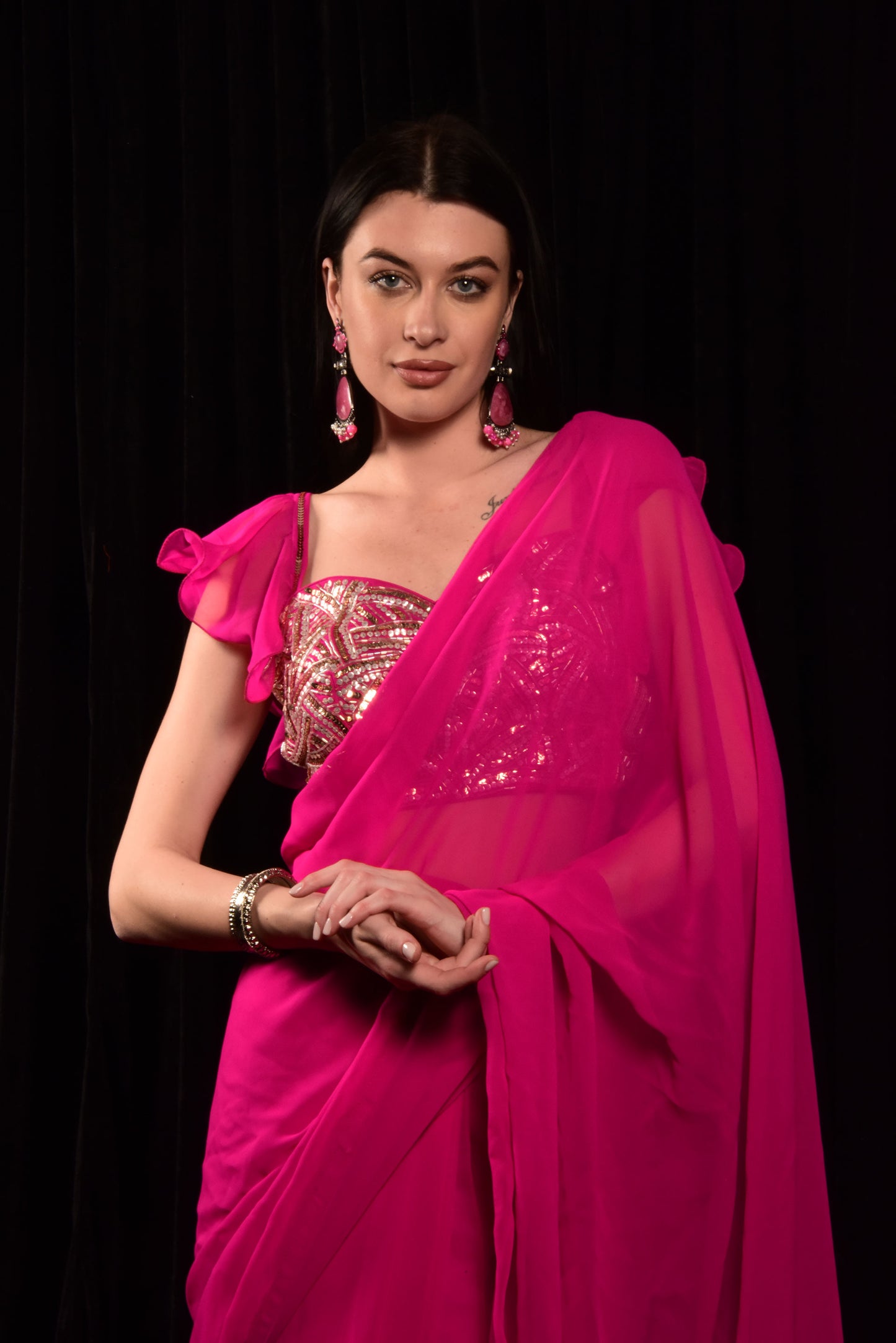 PINK PRE DRAPE SAREE WITH HAND EMBROIDED CROP TOP