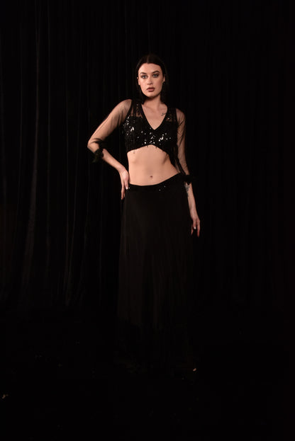 BLACK EMBROIDED CROP TOP SKIRT WITH DUPATTA