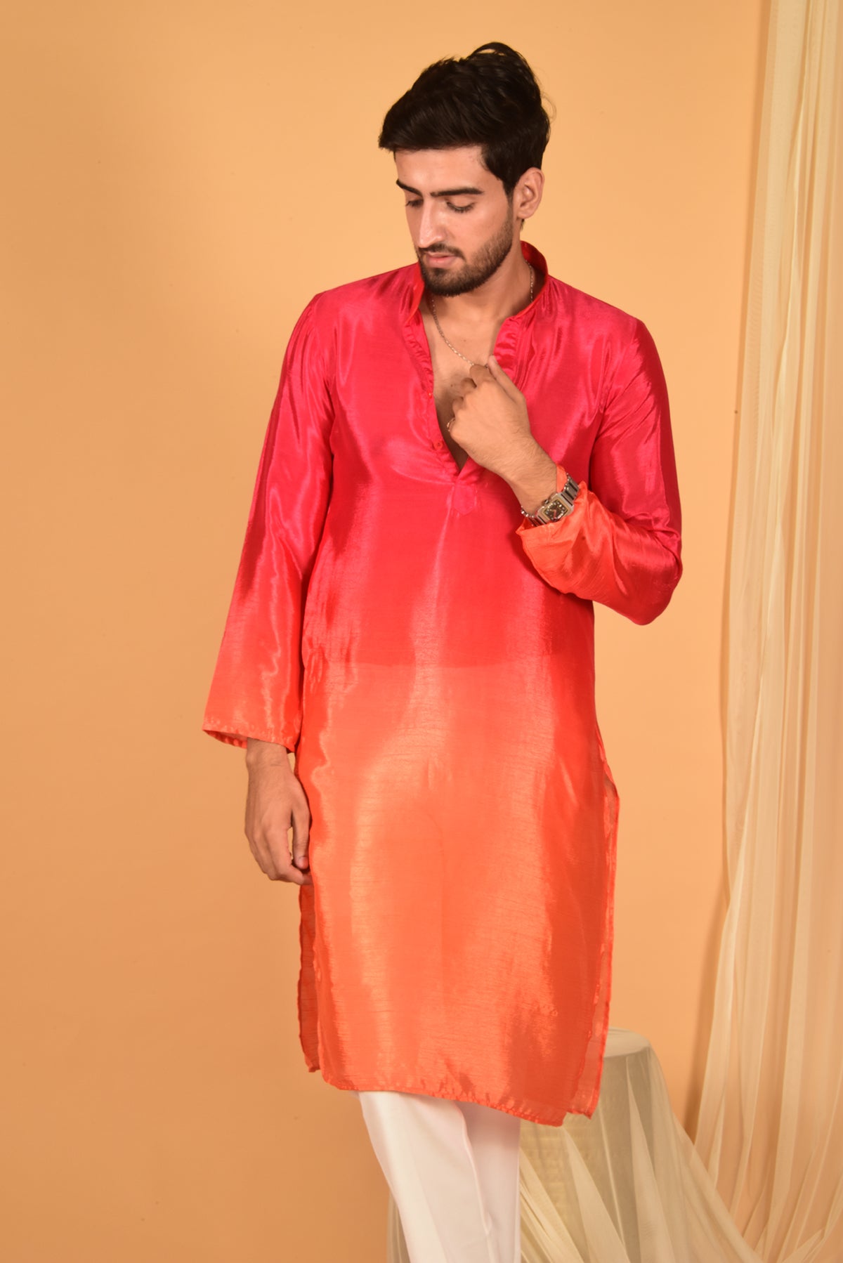 RED ORANGE OMBRE CHINON KURTA SET