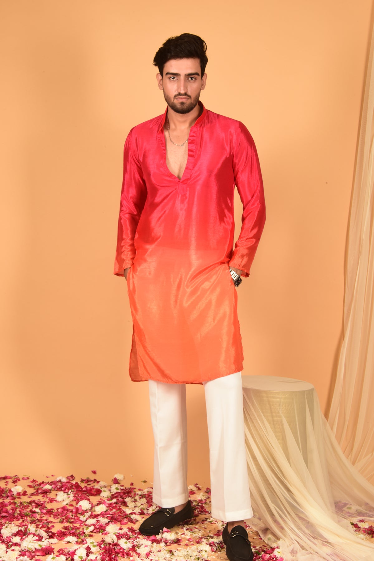 RED ORANGE OMBRE CHINON KURTA SET