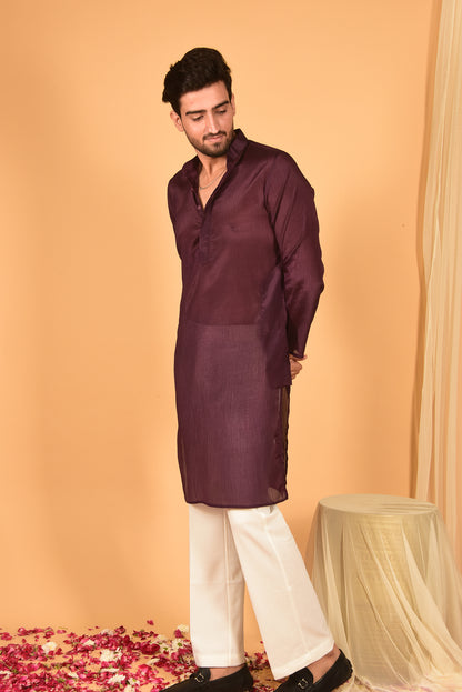 BROWN CHINON KURTA SET WITH WHITE PANTS