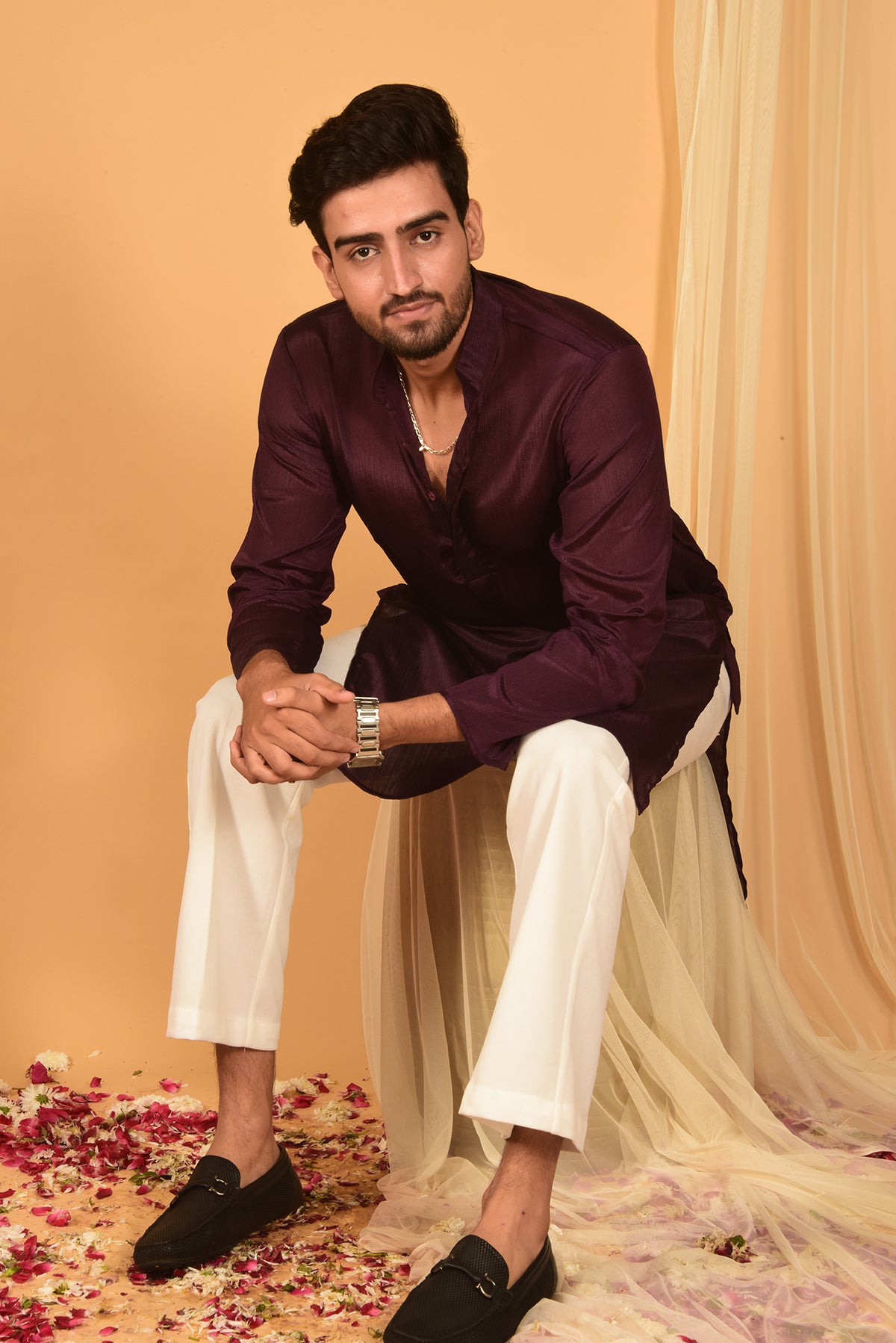 BROWN CHINON KURTA SET WITH WHITE PANTS