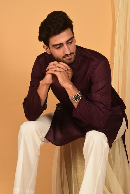 BROWN CHINON KURTA SET WITH WHITE PANTS