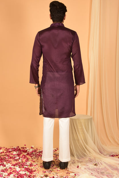 BROWN CHINON KURTA SET WITH WHITE PANTS