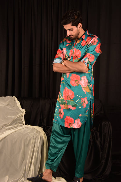 GREEN PRINTED PATHANI KURTA SET