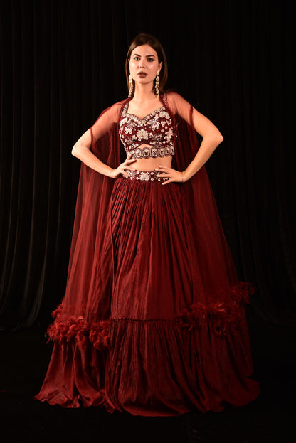 Dark Red Lehenga With Hand Embroidered Blouse And Shrug