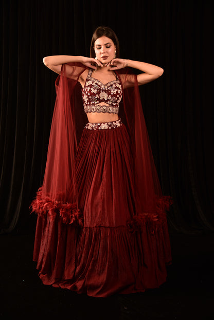 Dark Red Lehenga With Hand Embroidered Blouse And Shrug