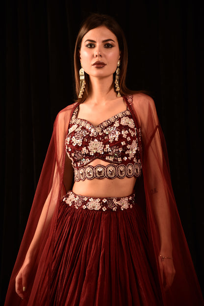 Dark Red Lehenga With Hand Embroidered Blouse And Shrug