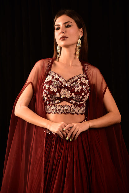 Dark Red Lehenga With Hand Embroidered Blouse And Shrug