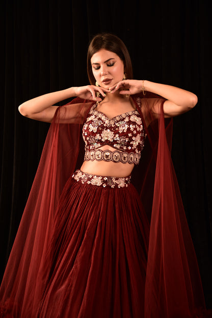 Dark Red Lehenga With Hand Embroidered Blouse And Shrug