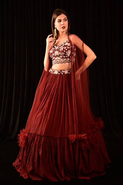 Dark Red Lehenga With Hand Embroidered Blouse And Shrug