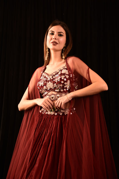 Dark Red Lehenga With Hand Embroidered Blouse And Shrug