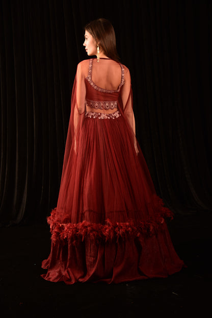 Dark Red Lehenga With Hand Embroidered Blouse And Shrug