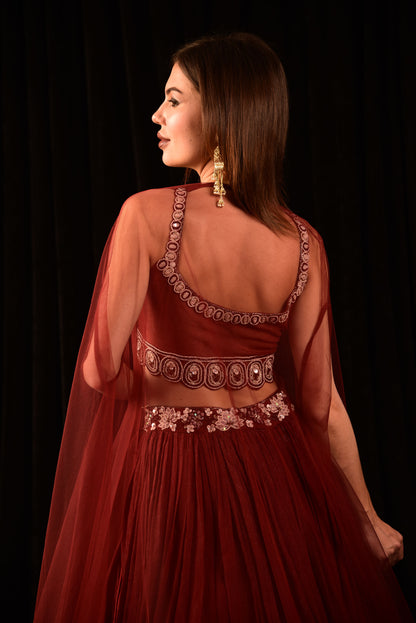 Dark Red Lehenga With Hand Embroidered Blouse And Shrug