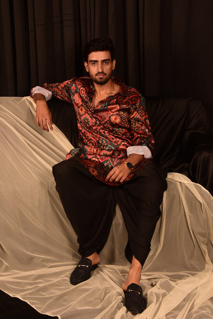 BLACK PRINTED PATHANI KURTA SET