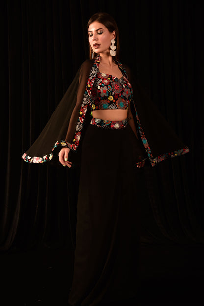 BLACK CROP TOP FLORAL SKIRT SHRUG