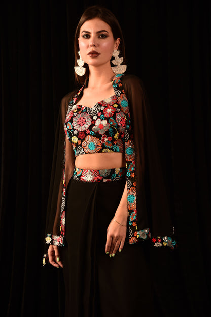 BLACK CROP TOP FLORAL SKIRT SHRUG