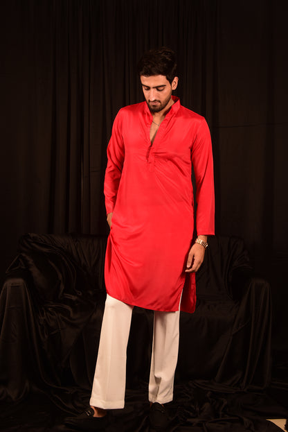 RED STRAIGHT SOLID CHINON KURTA SET