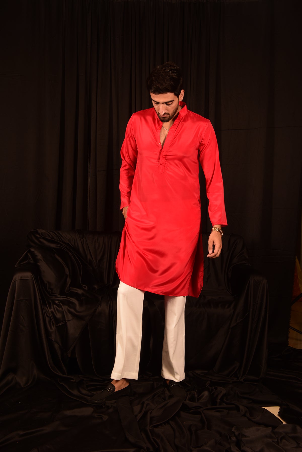 RED STRAIGHT SOLID CHINON KURTA SET