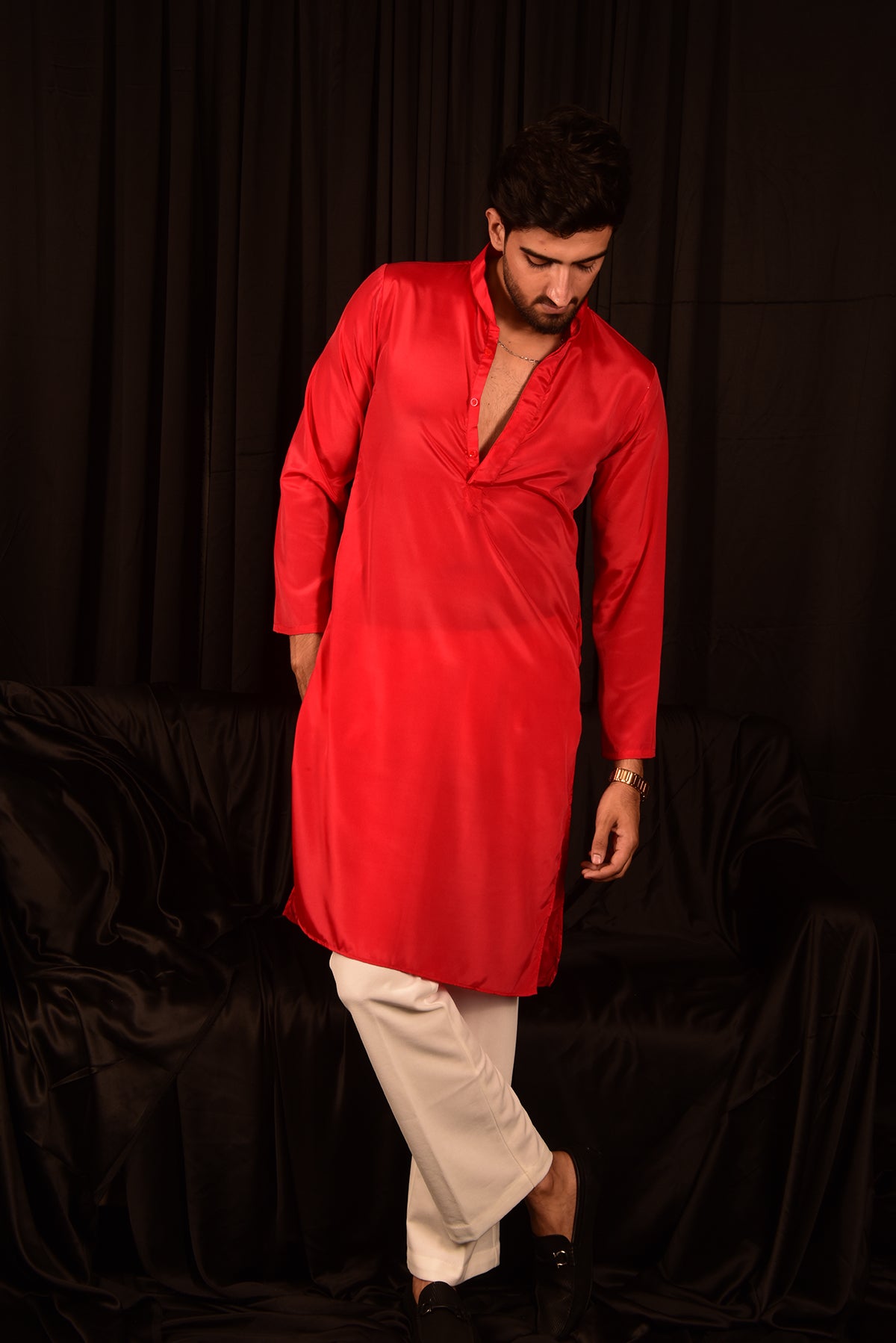 RED STRAIGHT SOLID CHINON KURTA SET