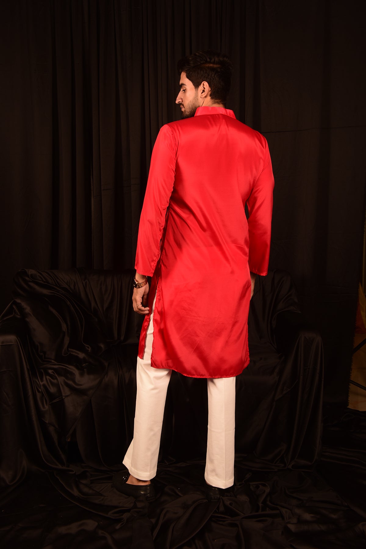 RED STRAIGHT SOLID CHINON KURTA SET