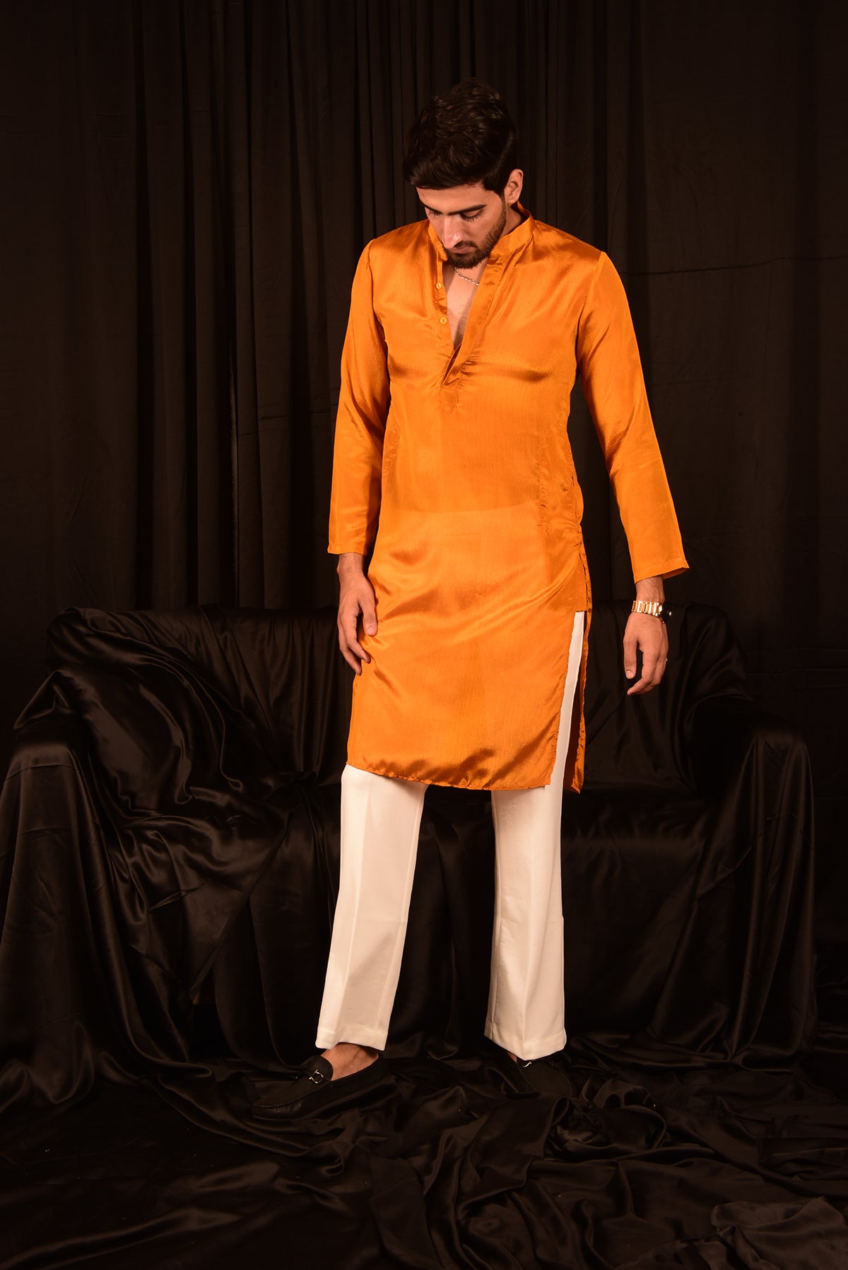 STRAIGHT YELLOW SOLID CHINON KURTA SET