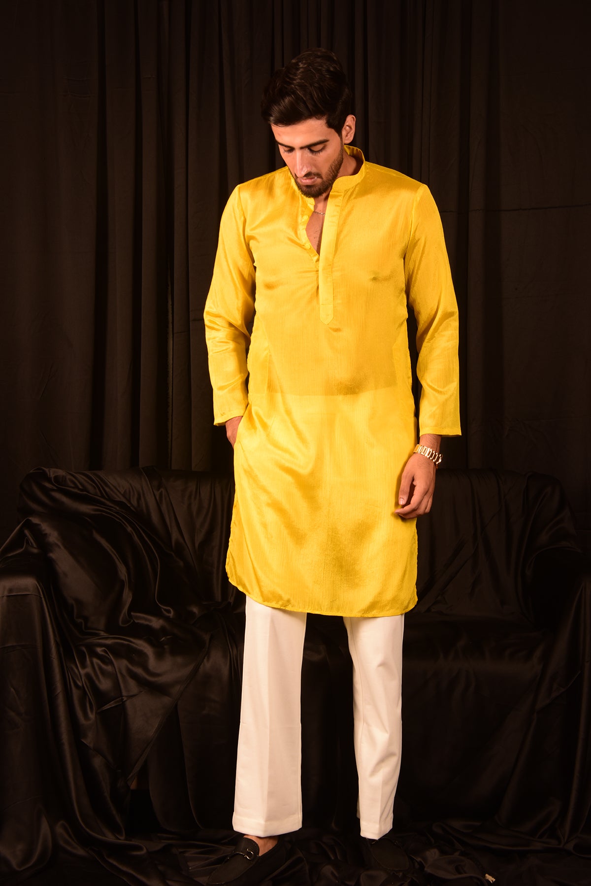 BRIGHT YELLOW CHINON STRAIGHT KURTA SET WITH PANTS